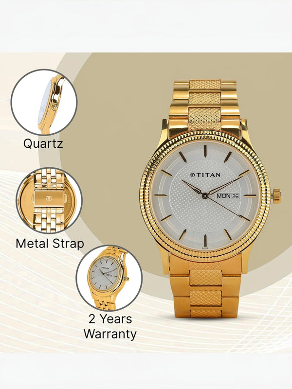 Karishma with Day & Date White Dial Golden SS Strap Analog Watch- For Men