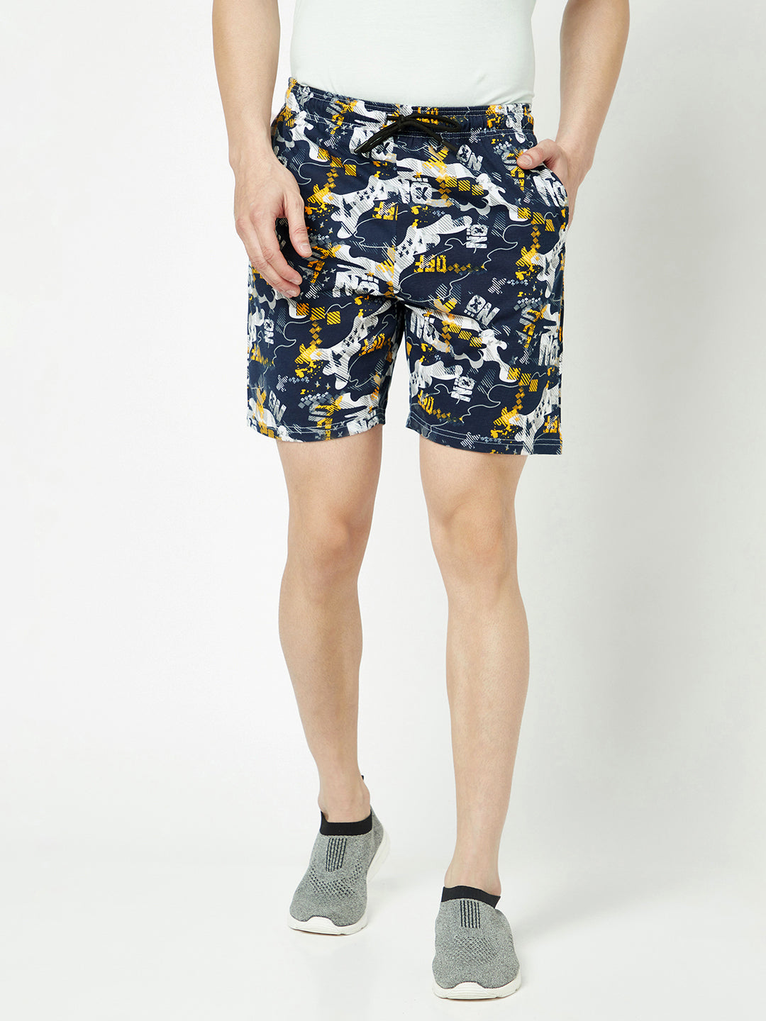 T.T. Mens Cotton Blend Regular Fit  Printed Bermuda Shorts With Zipper Pack Of 2  Blue-Yellow