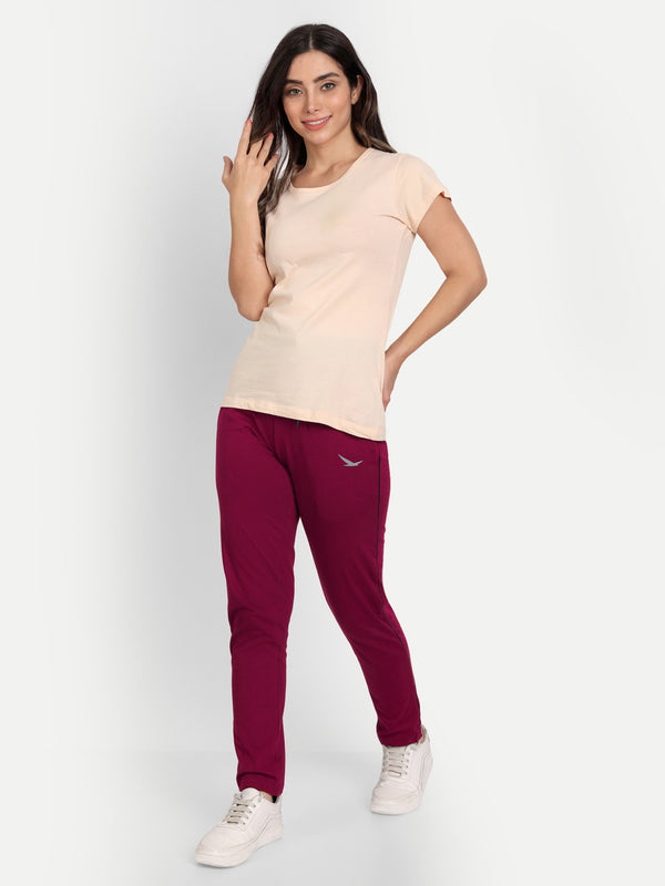 HiFlyers Women Comfort Fit Maroon Solid Cotton Track Pants