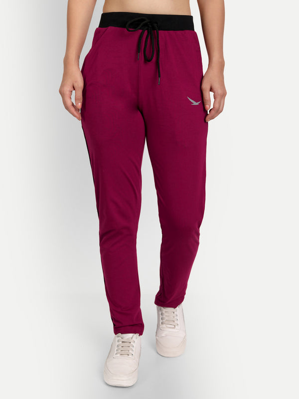 HiFlyers Women Comfort Fit Maroon Solid Cotton Track Pants