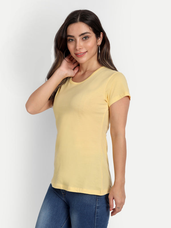 T.T. Women Yellow Solid Round Neck Pure Cotton T-shirt