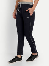 HiFlyers Women Comfort Fit Navy Solid Pure Cotton Track Pants