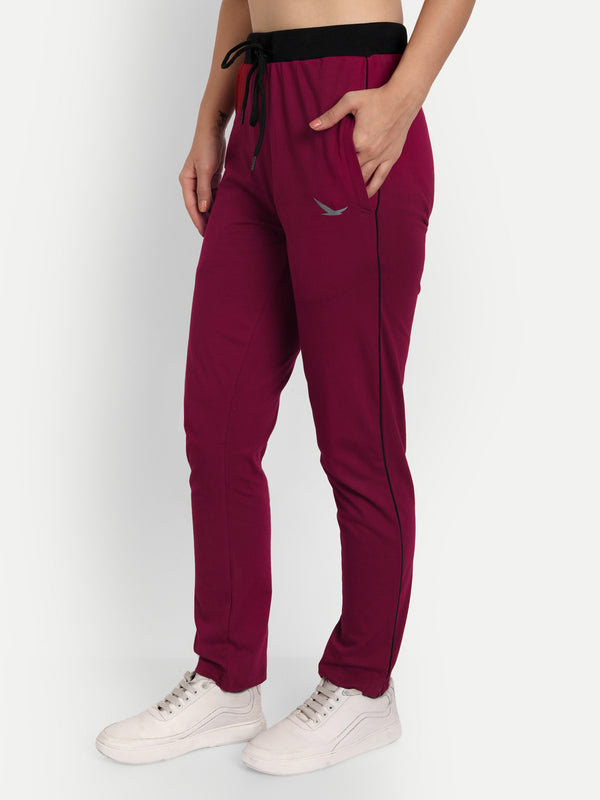 HiFlyers Women Comfort Fit Maroon Solid Cotton Track Pants