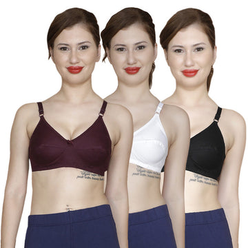 T.T. Women Cotton Lycra Bra Pack Of 3 Black-Brown-White