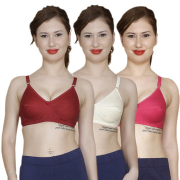 T.T. Women Cotton Lycra Bra Pack Of 3 Maroon-Skin-Pink