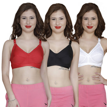 T.T. Women Cotton With Spandex Elastic Bra Pack Of 3 Black-Red-White