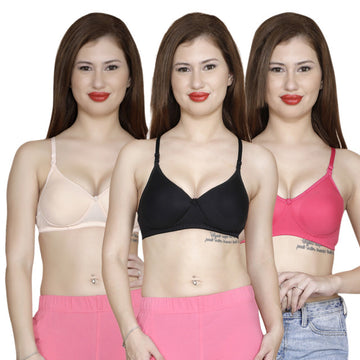 T.T. Women Molded Cup Bra Pack Of 3 Black-Skin-Fuschia