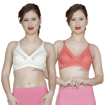 T.T. Women Pc Hosiery With Spandex Lace Bra Pack Of 2 Orange-White