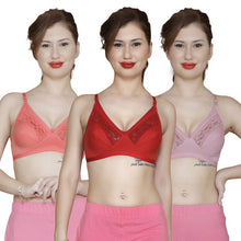 T.T. Women Pc Hosiery With Spandex Lace Bra Pack Of 3 Red-Orange-Purple