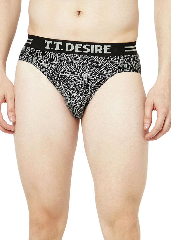 T.T. Mens Desire 100% Combed Cotton Printed Brief Top Elastic Pack Of 2 Maroon::Black
