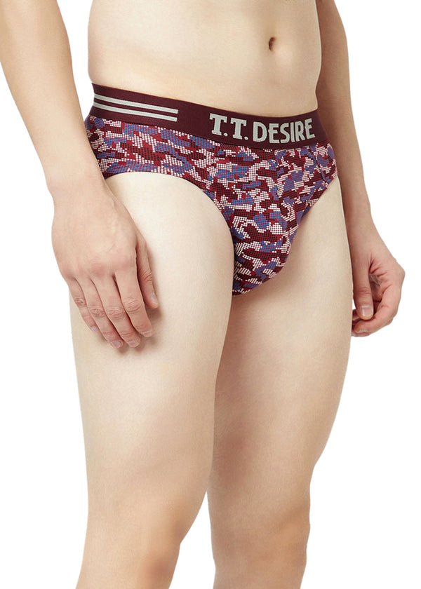 T.T. Mens Desire 100% Combed Cotton Printed Brief Top Elastic Pack Of 3 Majenta::Blue::Maroon