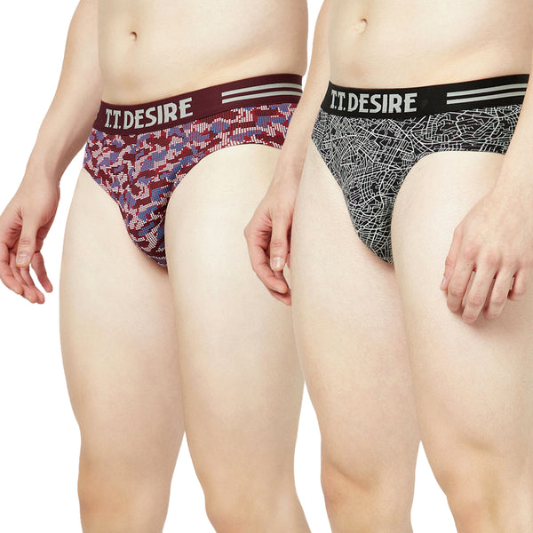 T.T. Mens Desire 100% Combed Cotton Printed Brief Top Elastic Pack Of 2 Black::Majenta