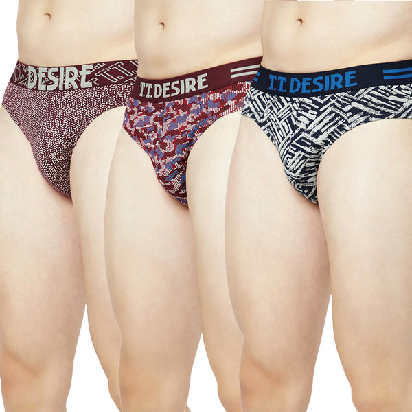 T.T. Mens Desire 100% Combed Cotton Printed Brief Top Elastic Pack Of 3 Majenta::Blue::Maroon