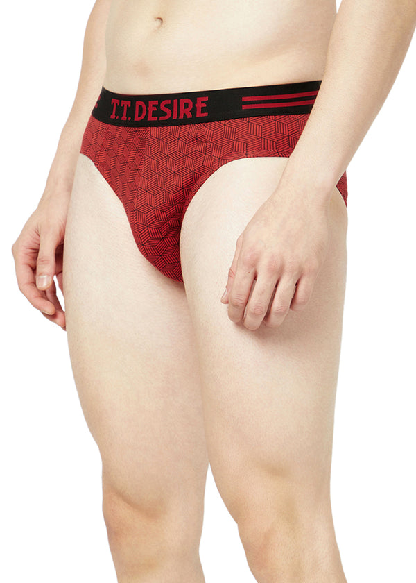 T.T. Mens Desire 100% Combed Cotton Printed Brief Top Elastic Pack Of 2 Red::Maroon