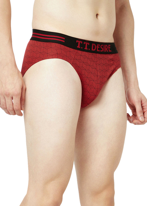 T.T. Mens Desire 100% Combed Cotton Printed Brief Top Elastic Pack Of 2 Black::Red