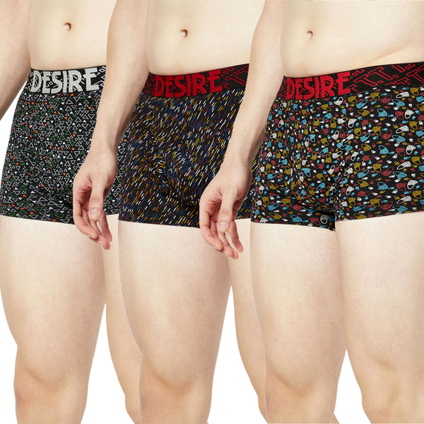 T.T. Mens Desire 100% Combed Cotton Printed Mini Top Elastic Trunk Pack Of 3 Black::Navy::Red