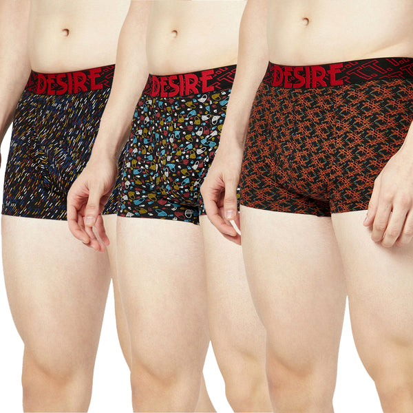 T.T. Mens Desire 100% Combed Cotton Printed Mini Top Elastic Trunk Pack Of 3 Black::Orange::Red