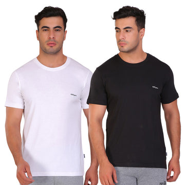 Hiflyers Men Slim Fit Solid Pack Of 2 Premium RN T-Shirt Black::White