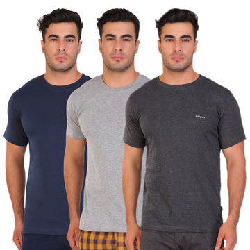 Hiflyers Men Slim Fit Solid Pack Of 3 Premium RN T-Shirt Grey::Anthra::Navy