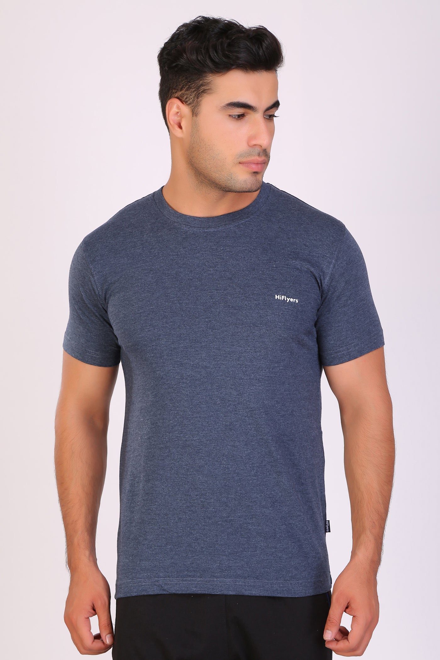 HiFlyers Men Slim Fit Self-Design Premium Melange Rn Tshirts Blue