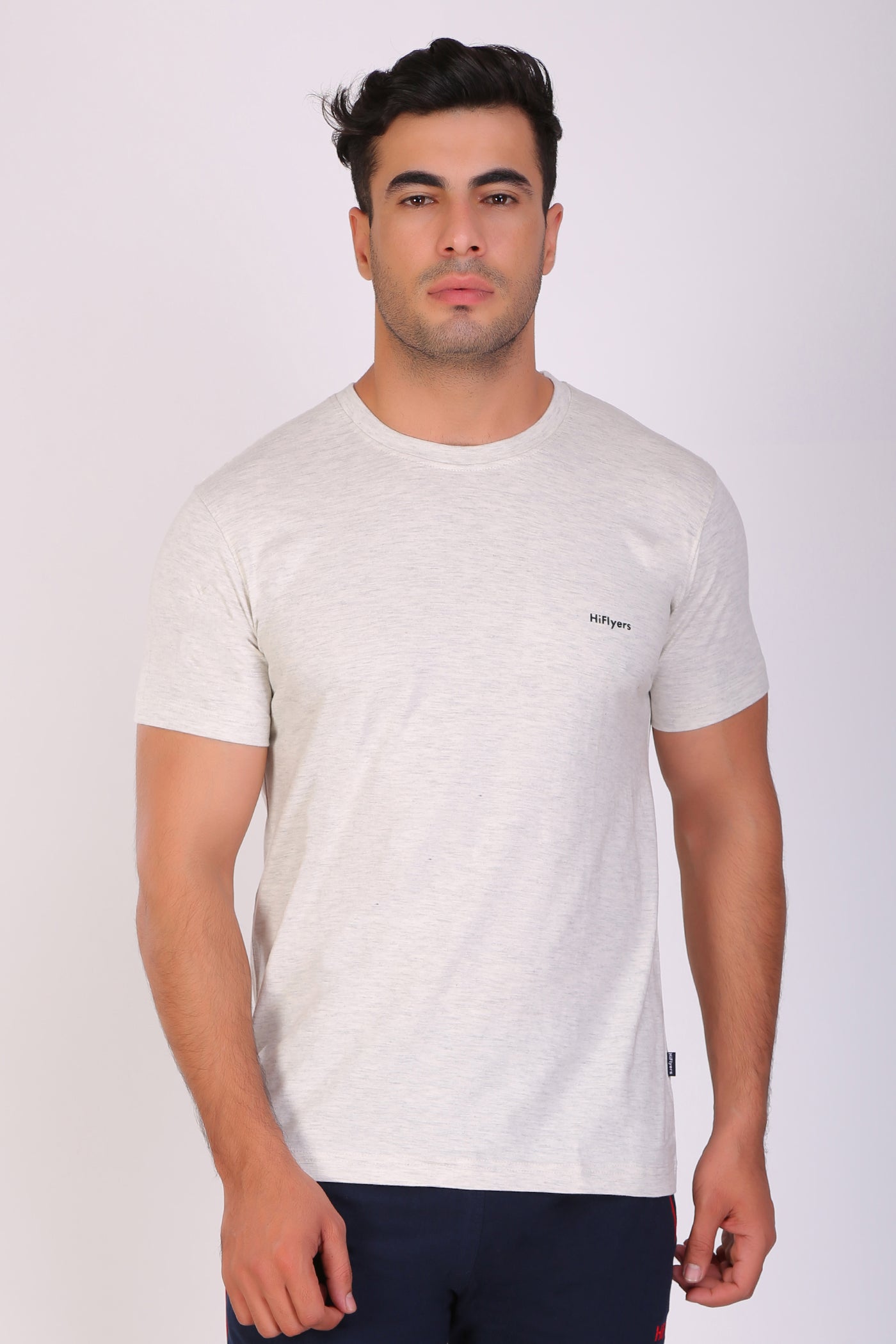 HiFlyers Men Slim Fit Self-Design Premium Rn Tshirts Ecru Melange
