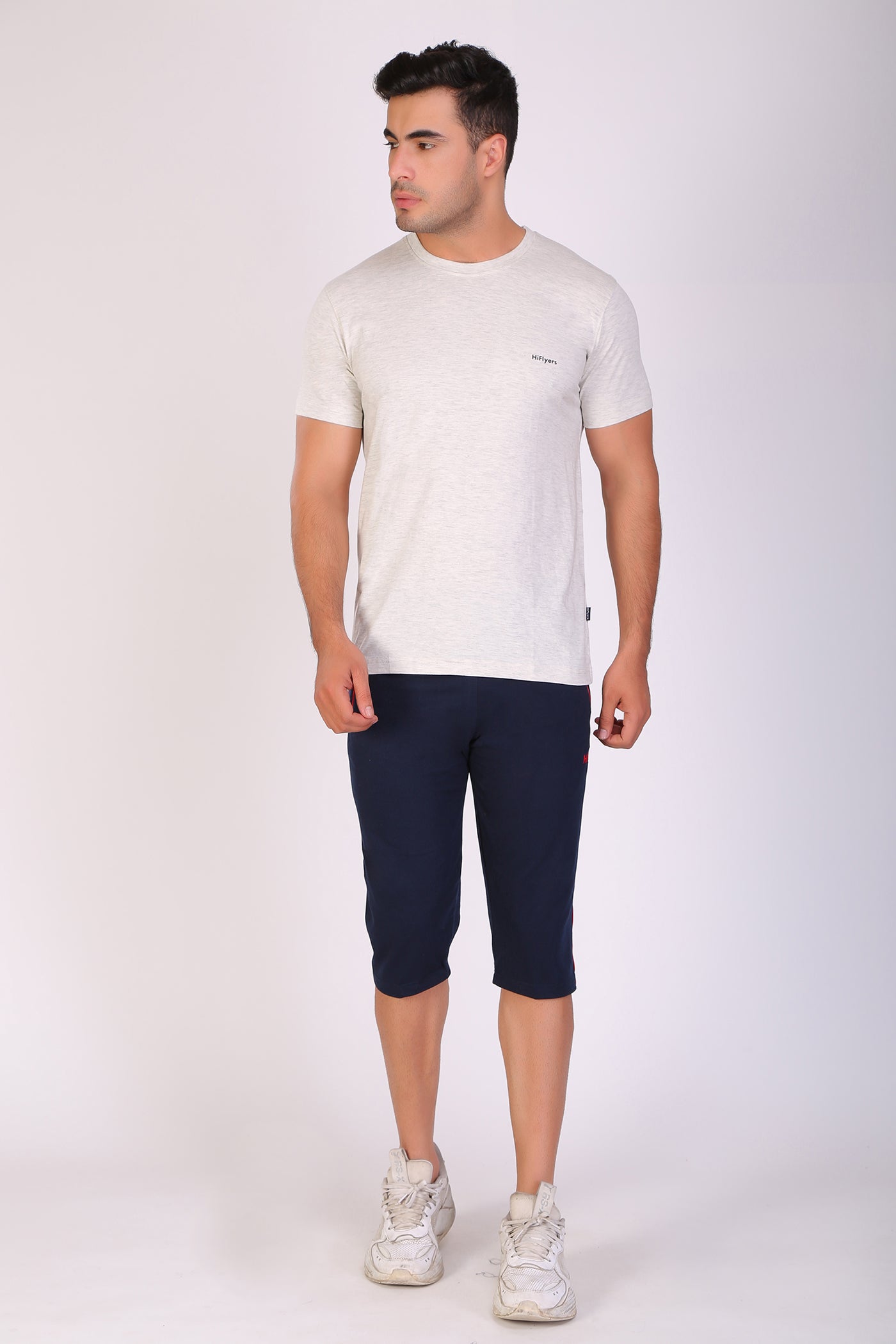 HiFlyers Men Slim Fit Self-Design Premium Rn Tshirts Ecru Melange