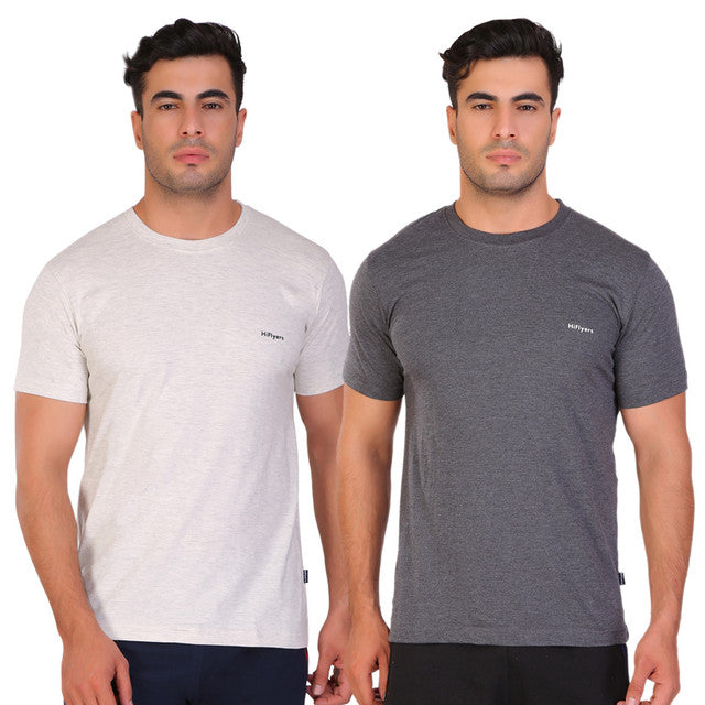 Hiflyers Men Slim Fit Pack Of 2 Premium RN T-Shirt Anthra ::Ecru