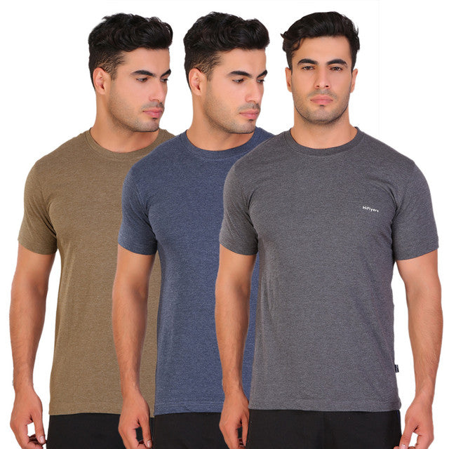 Hiflyers Men Slim Fit Pack Of 3 Premium RN T-Shirt Anthra ::Blue ::Olive