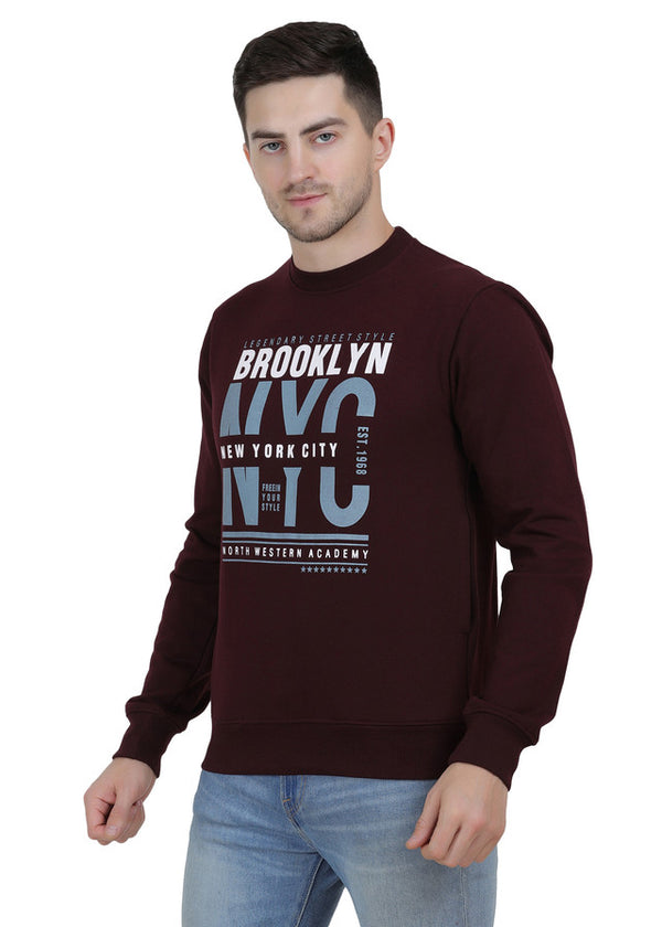 Hiflyers Mens Maroon Slim Fit Printed Round Neck Sweatshirt