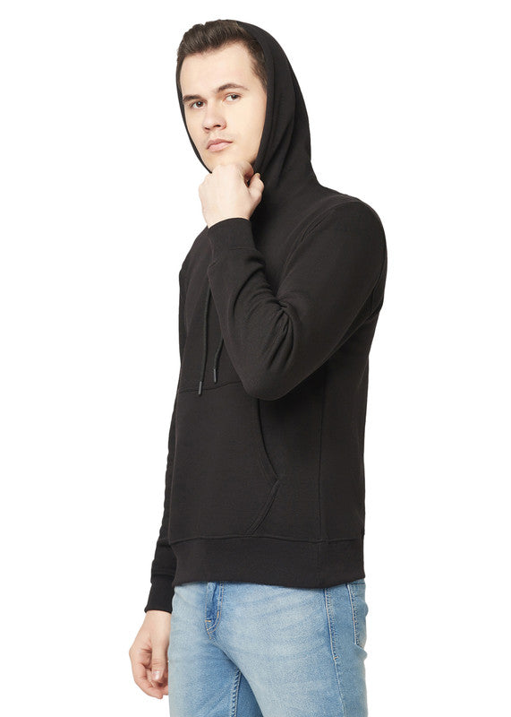 Hiflyers Men Black Cotton Fleece Smart Fit  Solid Sweatshirt With Hood