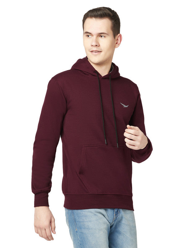 Hiflyers Men Wine Cotton Fleece Smart Fit  Solid Sweatshirt With Hood