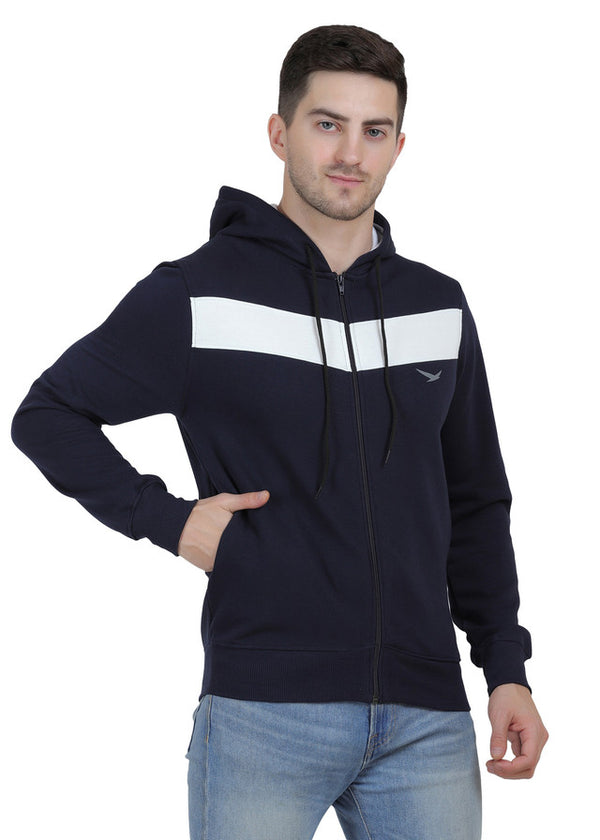 Hiflyers Mens Navy-White Regular Fit Printed Sweatshirt With Hood And Zipper