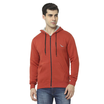 Hiflyers Mens Red Slim Fit Solid Cotton Fleece Sweatshirt With Hood