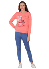 Hiflyers Women Coral Regular Fit Printed Round Neck Sweatshirt