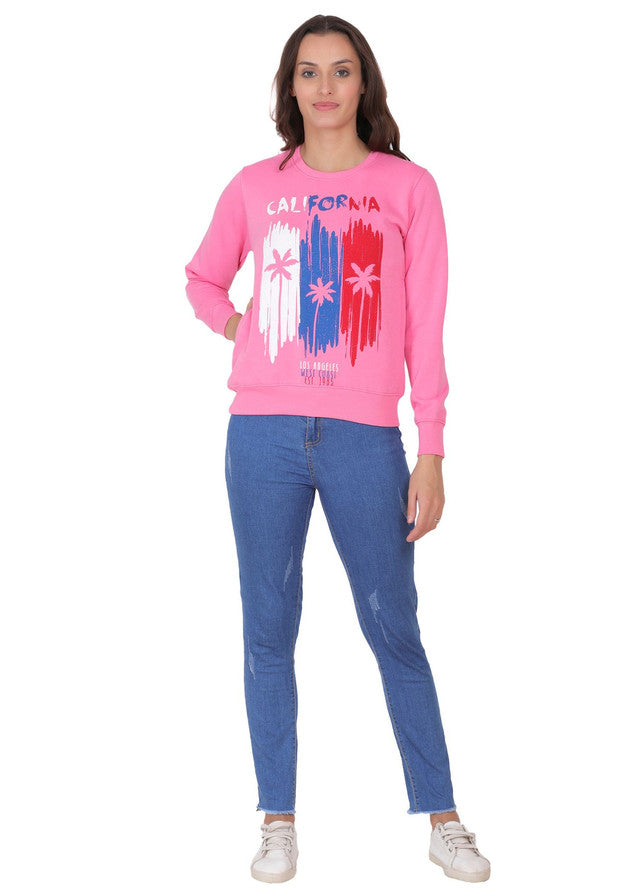 Hiflyers Women Pink Regular Fit Printed Round Neck Sweatshirt
