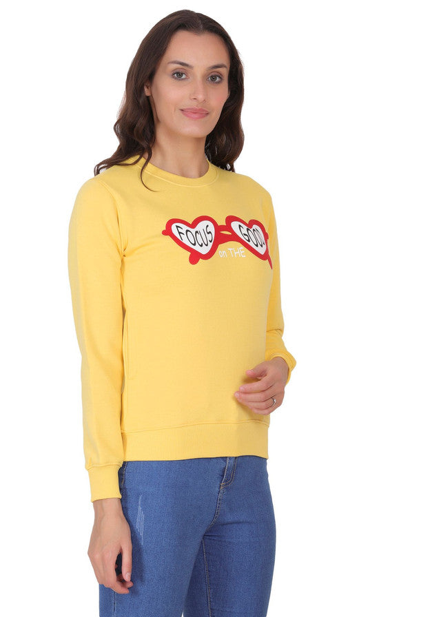 Hiflyers Women Yellow Regular Fit Printed Round Neck Sweatshirt