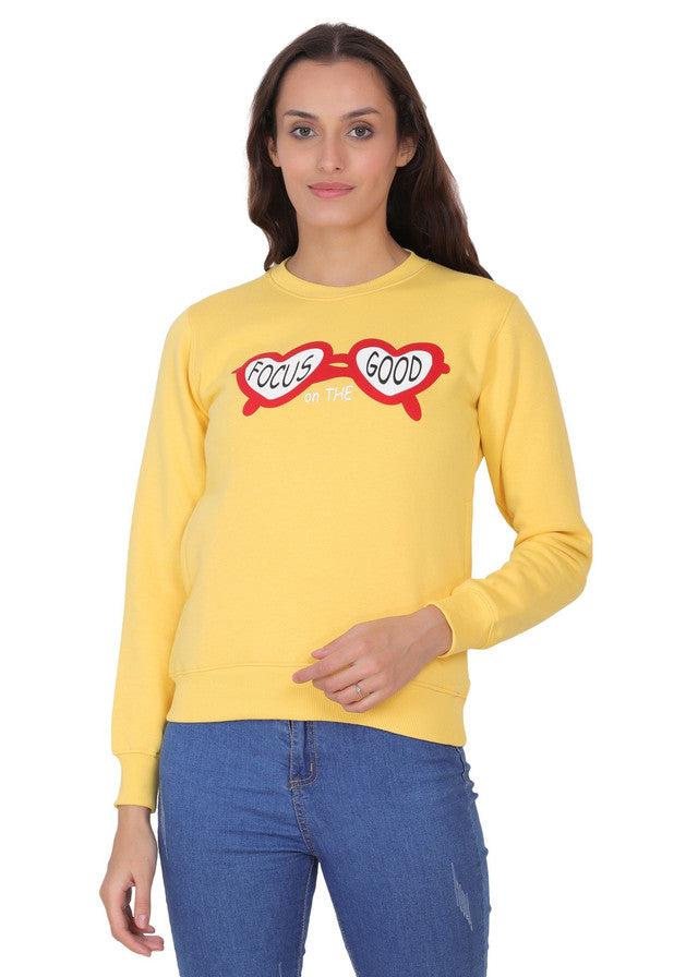 Hiflyers Women Yellow Regular Fit Printed Round Neck Sweatshirt