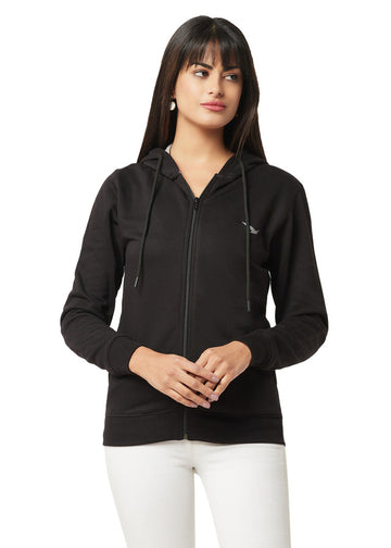 Hiflyers Women Black Cotton Fleece  Solid Sweatshirt With Hood