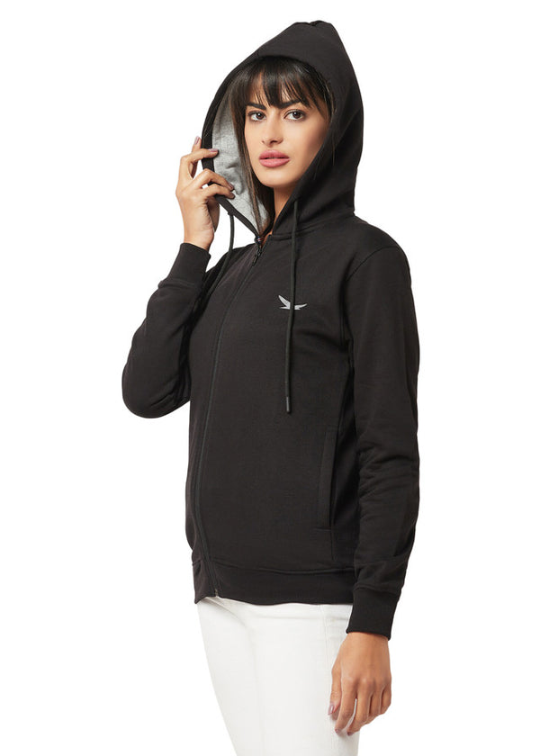 Hiflyers Women Black Cotton FleeceSolid Sweatshirt With Hood