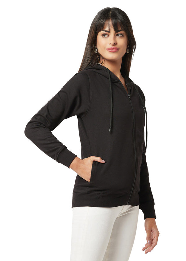 Hiflyers Women Black Cotton FleeceSolid Sweatshirt With Hood