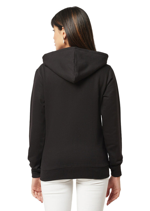 Hiflyers Women Black Cotton FleeceSolid Sweatshirt With Hood