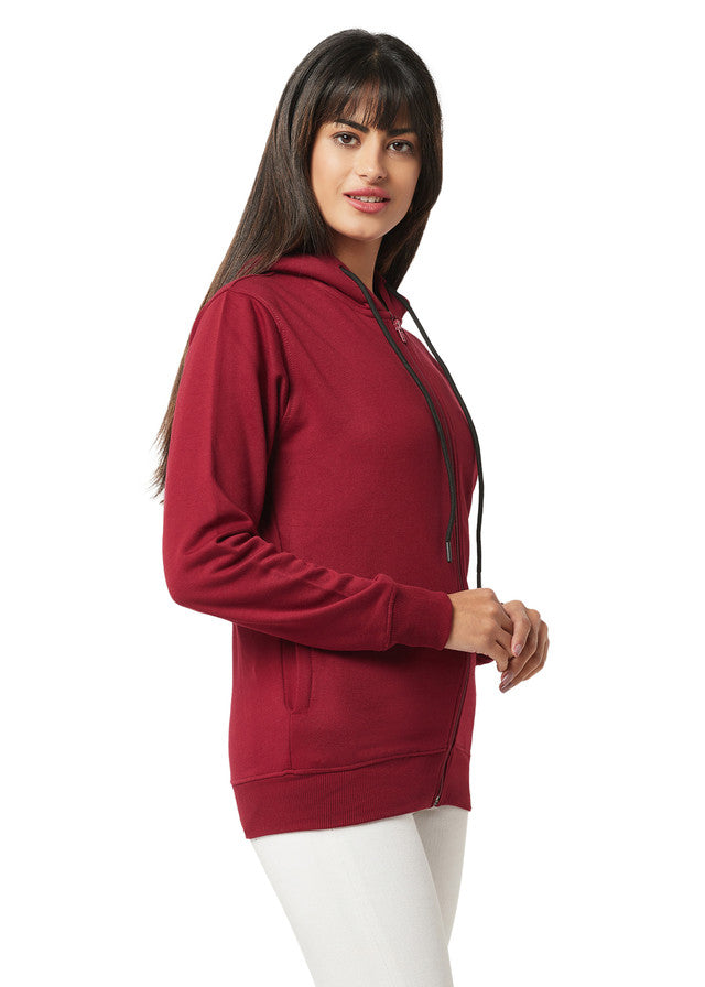 Hiflyers Women Maroon Cotton Fleece  Solid Sweatshirt With Hood