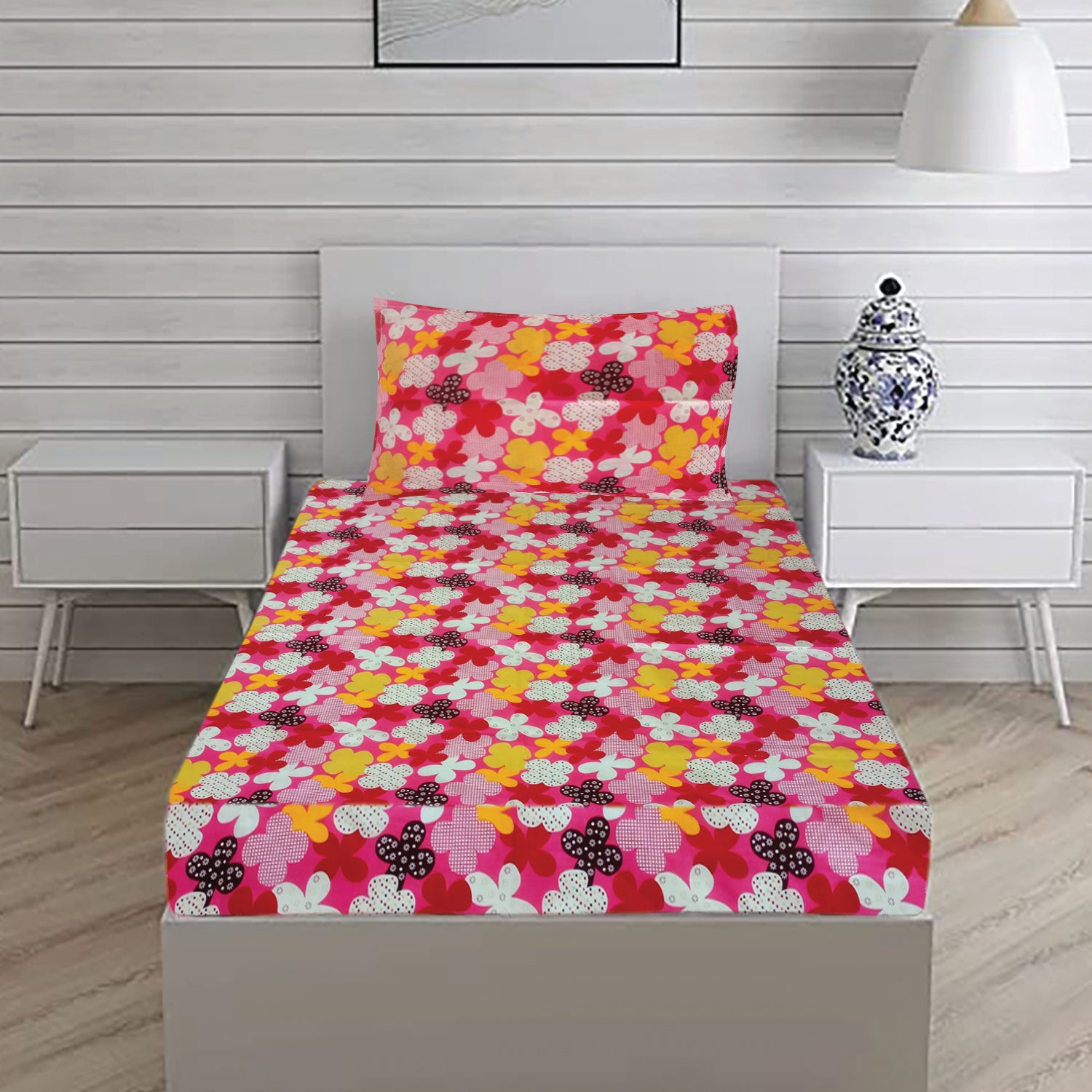 T.T. Pink & White Floral Print Single Bedsheet with 1 Pillow Cover