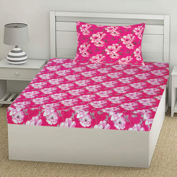 T.T. Fabulous Fuchsia & White Floral Print Single Bedsheet with 1 Pillow Cover