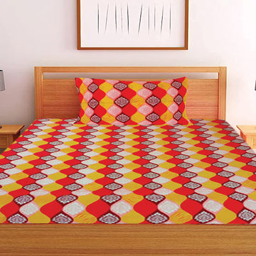 T.T. Red & Yellow Geometric Print Single Bedsheet with 1 Pillow Cover