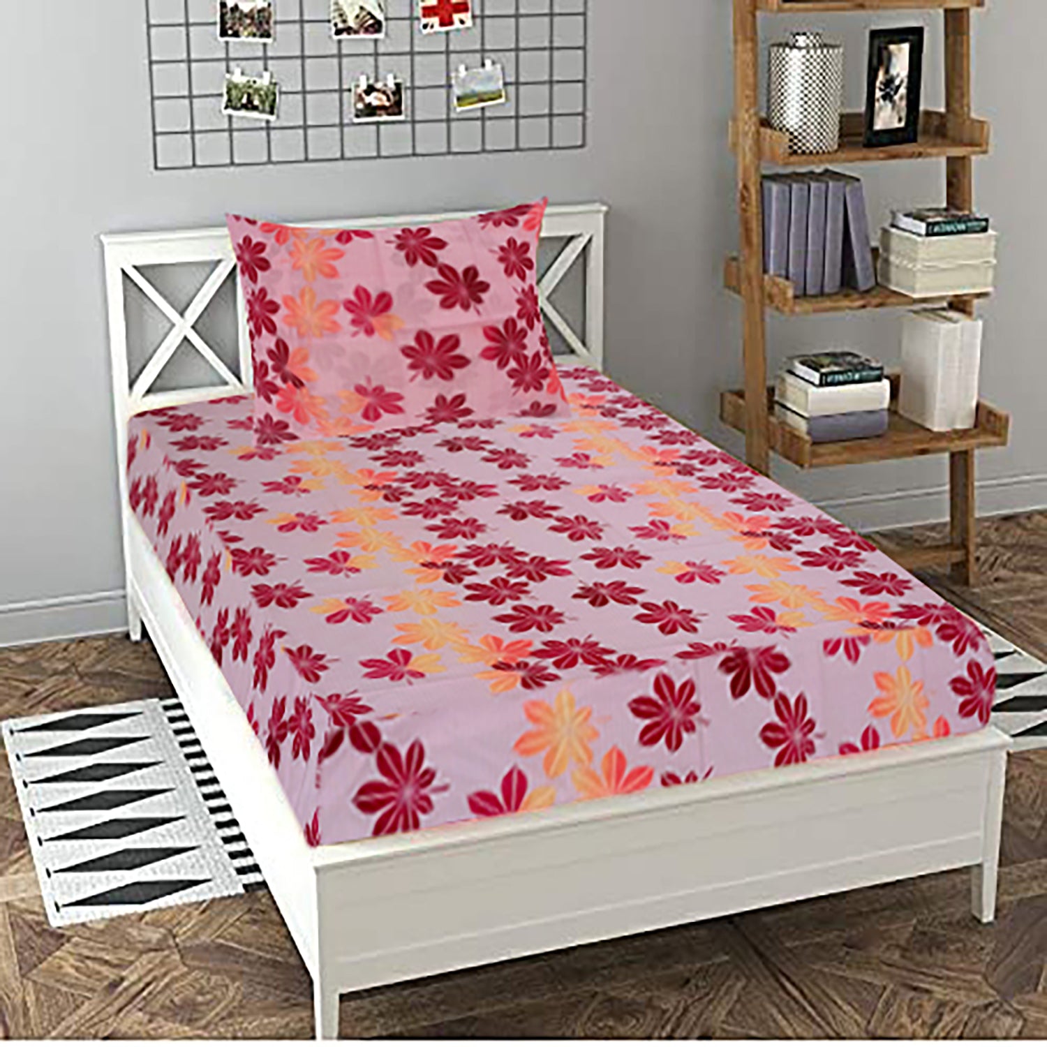 T.T. Pink & Cherry Floral Print Single Bedsheet with 1 Pillow Cover