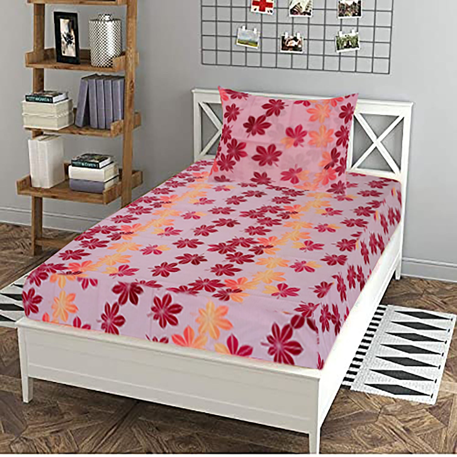 T.T. Pink & Cherry Floral Print Single Bedsheet with 1 Pillow Cover