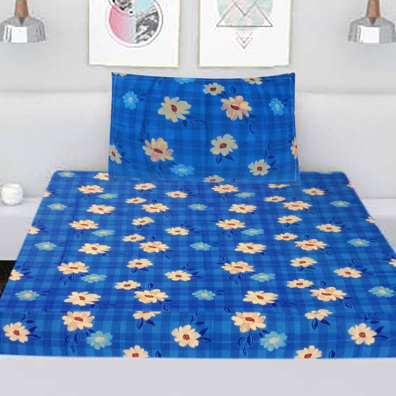 T.T. Blue & Yellow Floral Print Single Bedsheet with 1 Pillow Cover