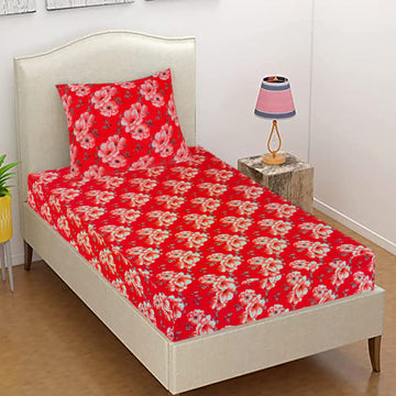 T.T. Coral & White Floral Print Single Bedsheet with 1 Pillow Cover