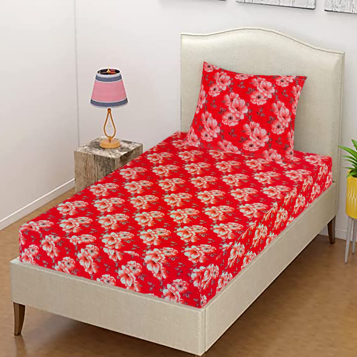 T.T. Coral & White Floral Print Single Bedsheet with 1 Pillow Cover